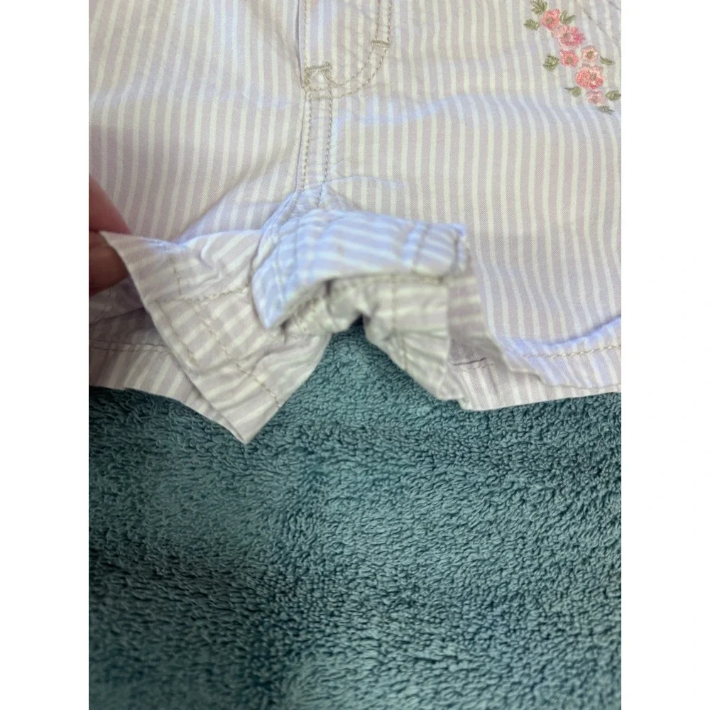 OshKosh Bgosh Girls Purple Hickory Stripe Floral Embroidered Shortalls 18M